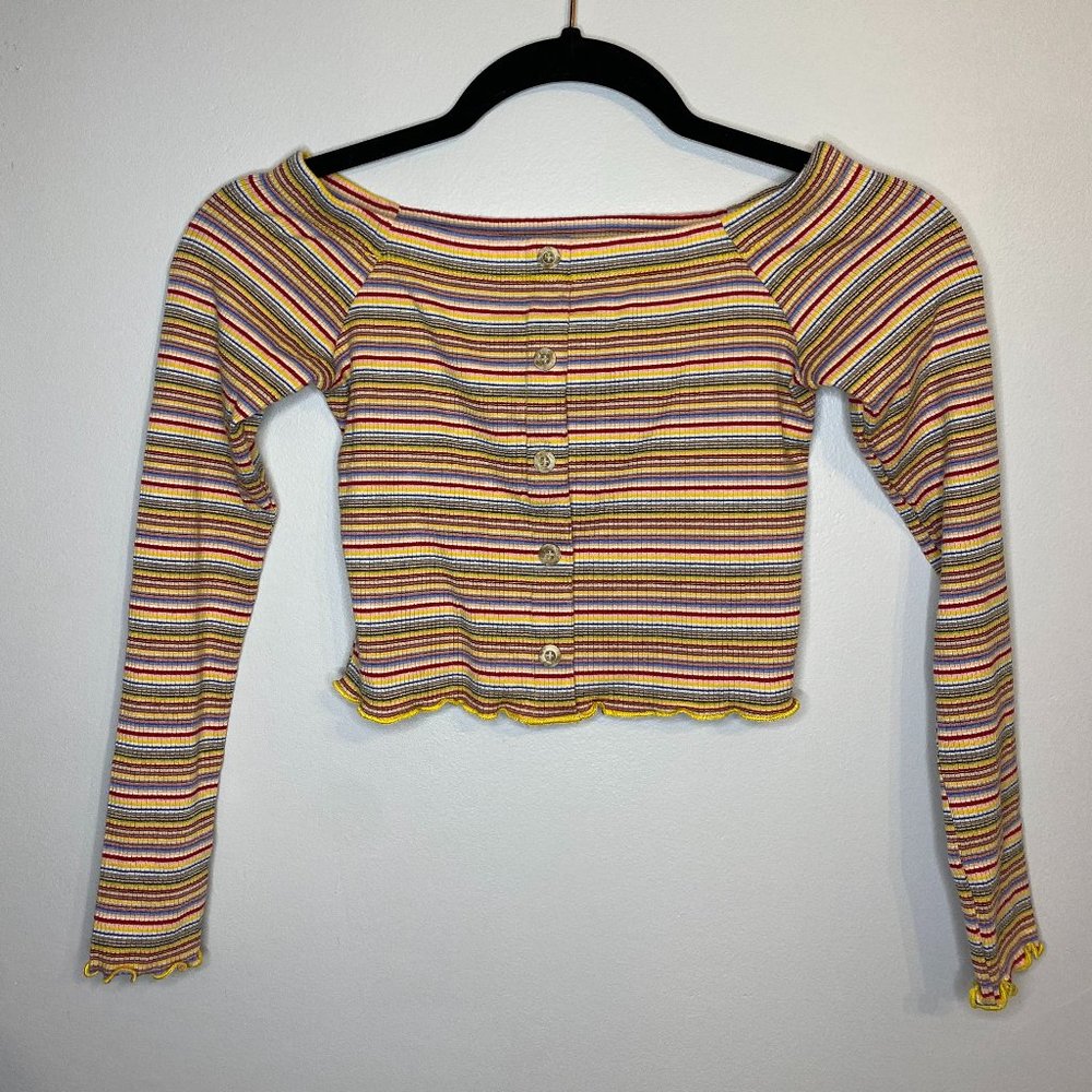 POLLY & ESTHER Striped Off-the-Shoulder Long Sleeved Crop (Size XS)